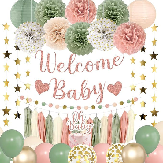 Amandir Girl Baby Shower Decorations Pink Sage Green Balloons Welcome