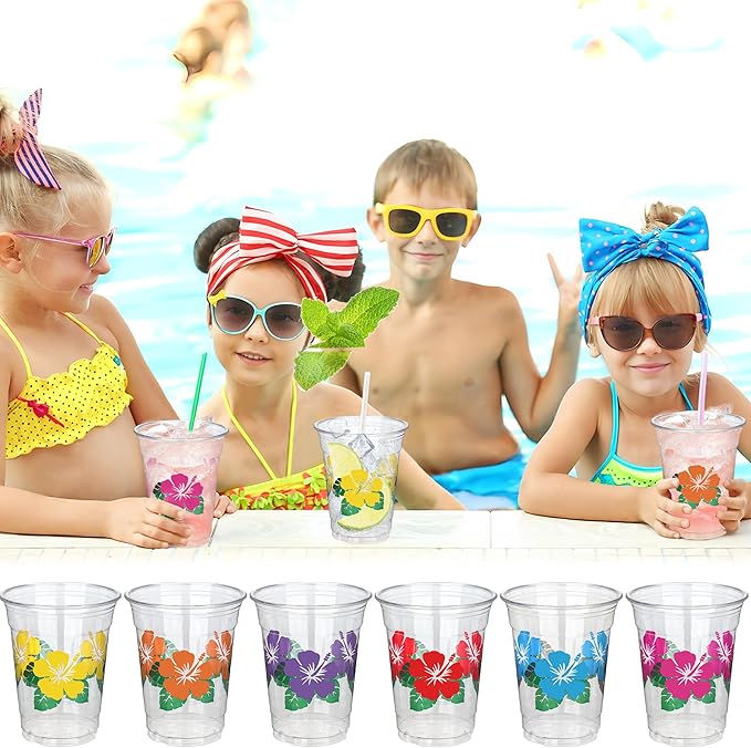48 Pcs Hawaii Luau Cups 12 oz Plastic Tropical Floral Cups Hawaiian