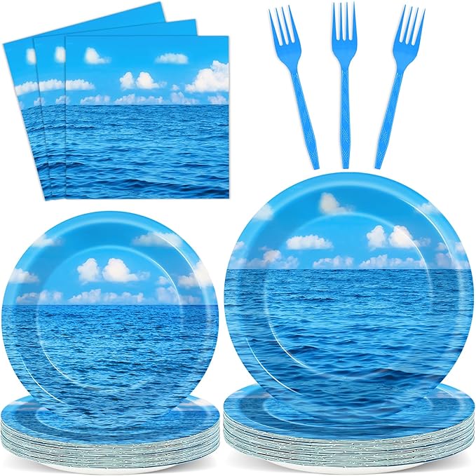 96Pcs Summer Ocean Plates and Napkins Under the Sea Bubbles Blue Sky