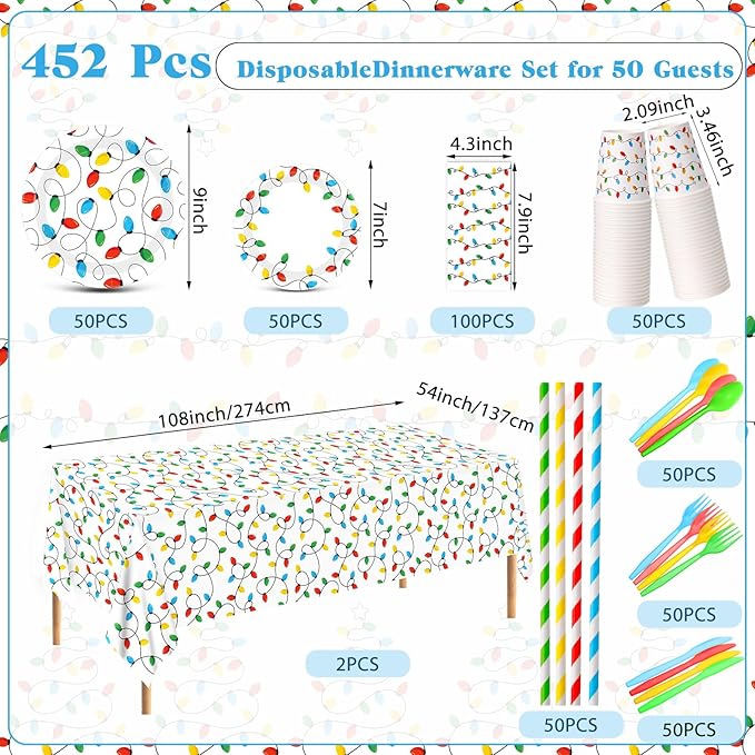 452 Pcs Christmas Party Decorations for 50 Guests Colorful Christmas