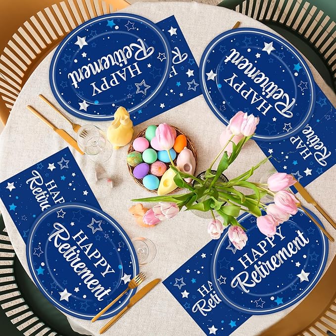Happy Retirement Party Oval Paper Plates 11inch Blue Silver