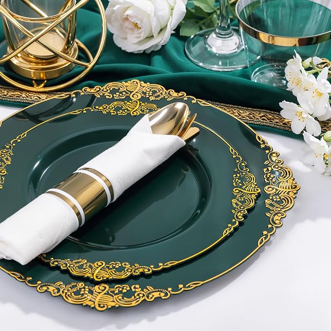 Nervure 175PCS Green Plastic Plates - Disposable Green Gold Party