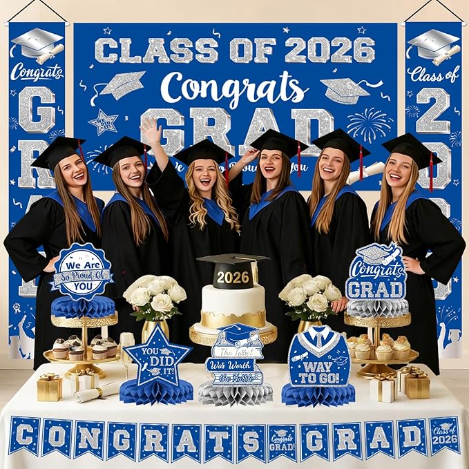 Graduation Decorations Class of 2026, Blue and Silver Graduation