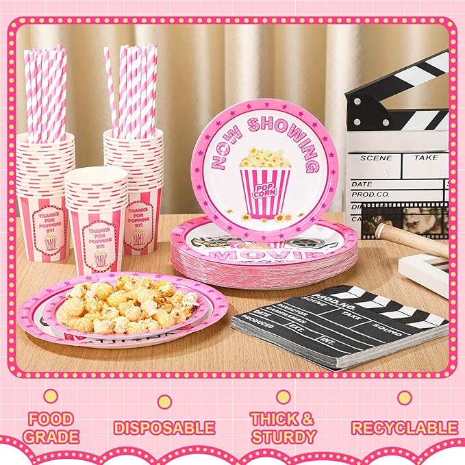 180 Pcs Movie Night Party Supplies Pink Movie Theme Birthday
