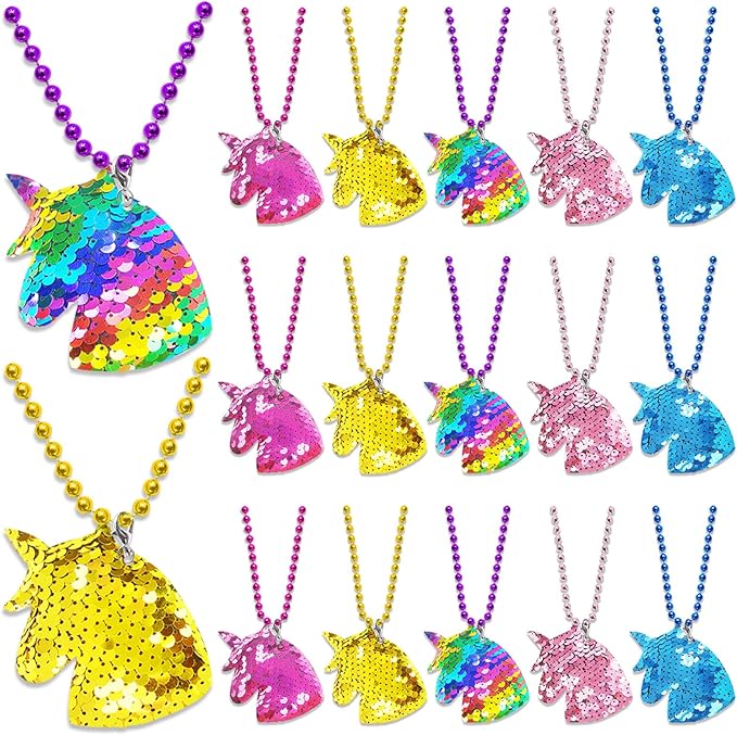 15 Pack Unicorn Sequin Necklace Party Favors with Mardi Gras Beads