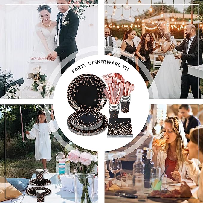 175PCS Black and Rose Gold Party Supplies,Rose Gold Dot on Black