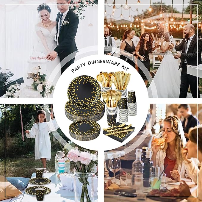 175 PCS Black and Gold Party Supplies,Gold Dot on Black Paper Plates