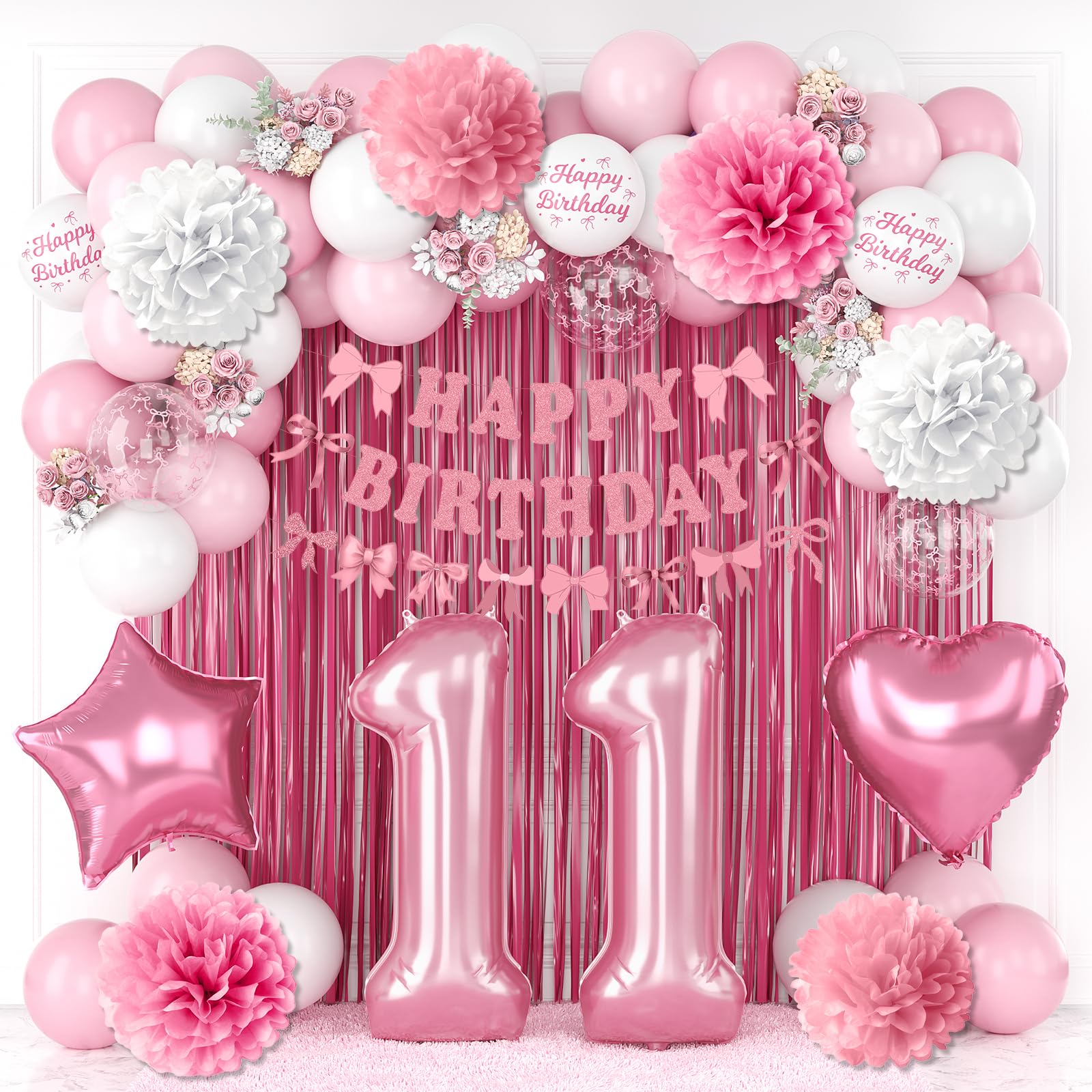 11th Birthday Decorations for Girls Pink Number 11 Balloon Bow