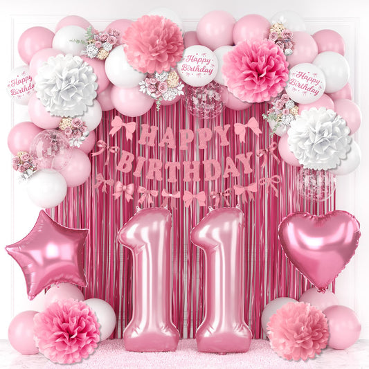 11th Birthday Decorations for Girls Pink Number 11 Balloon Bow