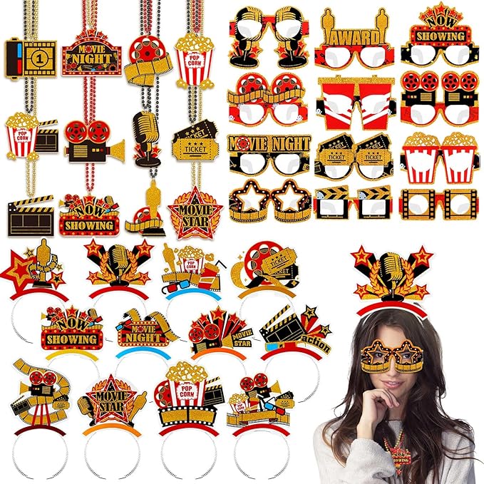 36 Pcs Movie Night Party Decorations 12 Beaded Necklaces 12 Paper