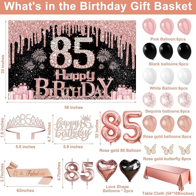 85th Birthday Decorations for Women 49pcs Black Rose Gold Black