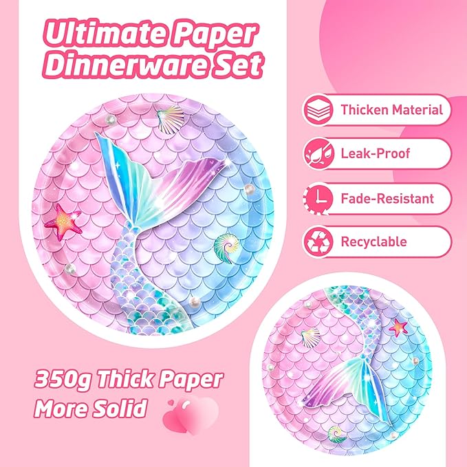 146Pcs Mermaid Plates and Napkins mermaid Party Supplies Includes