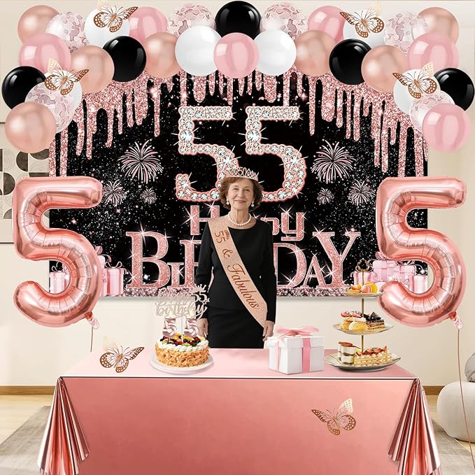 55th Birthday Decorations for Women 49pcs Black Rose Gold Black