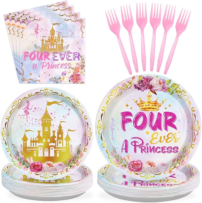 96 Pcs Princess Birthday Party Supplies 350 GSM Four Ever a Princess