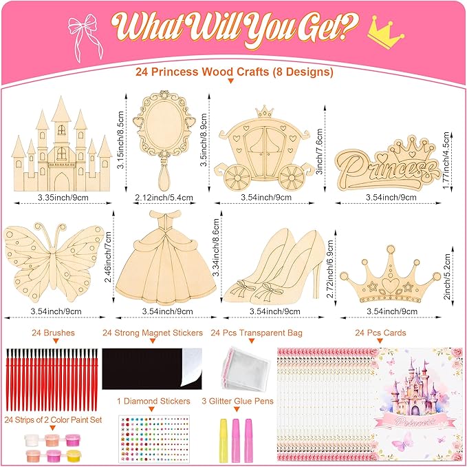 24 Sets Princess Party Favors DIY Wooden Painting Crafts Kit with