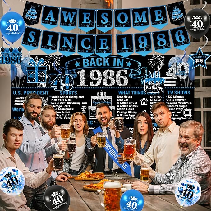 40th Birthday Decorations for Men 20PCS Black Blue Back in 1986