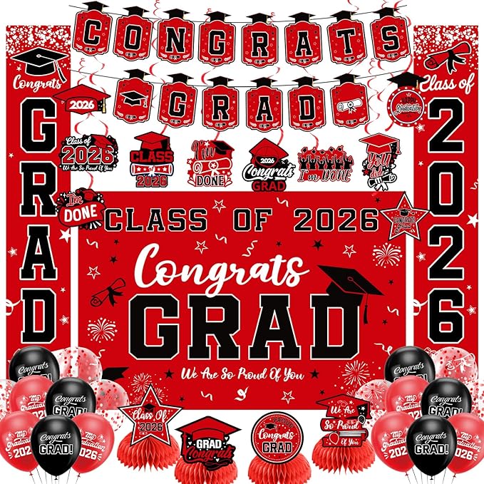 Graduation Decorations 2026 Red Set, Congrats Grad Decor Set with
