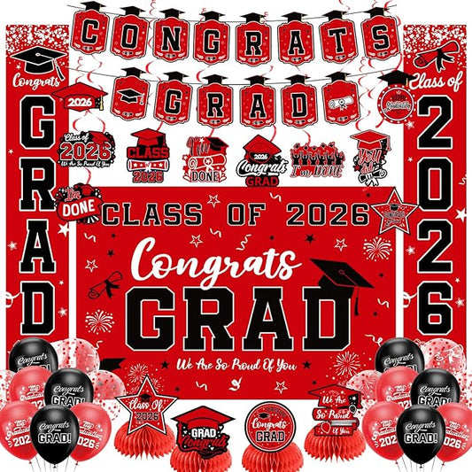 Graduation Decorations 2026 Red Set, Congrats Grad Decor Set with