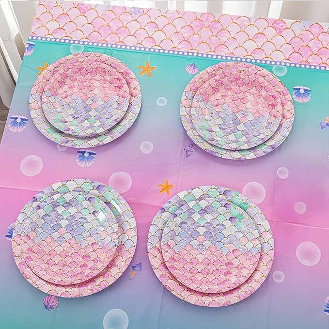 48 Pcs Mermaid Birthday Party Decorations Plates Set for 24