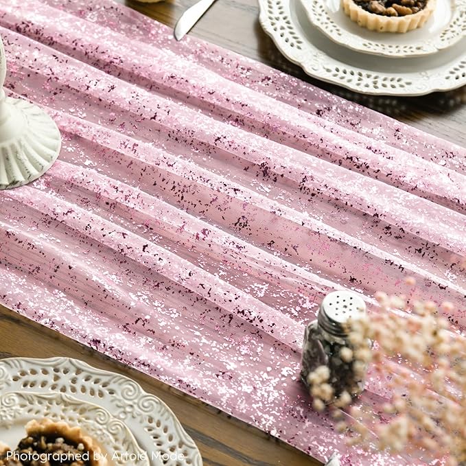 Artoid Mode 6PCS Pink Gold Gauze Table Runner 120 Inch 10FT, Glitter