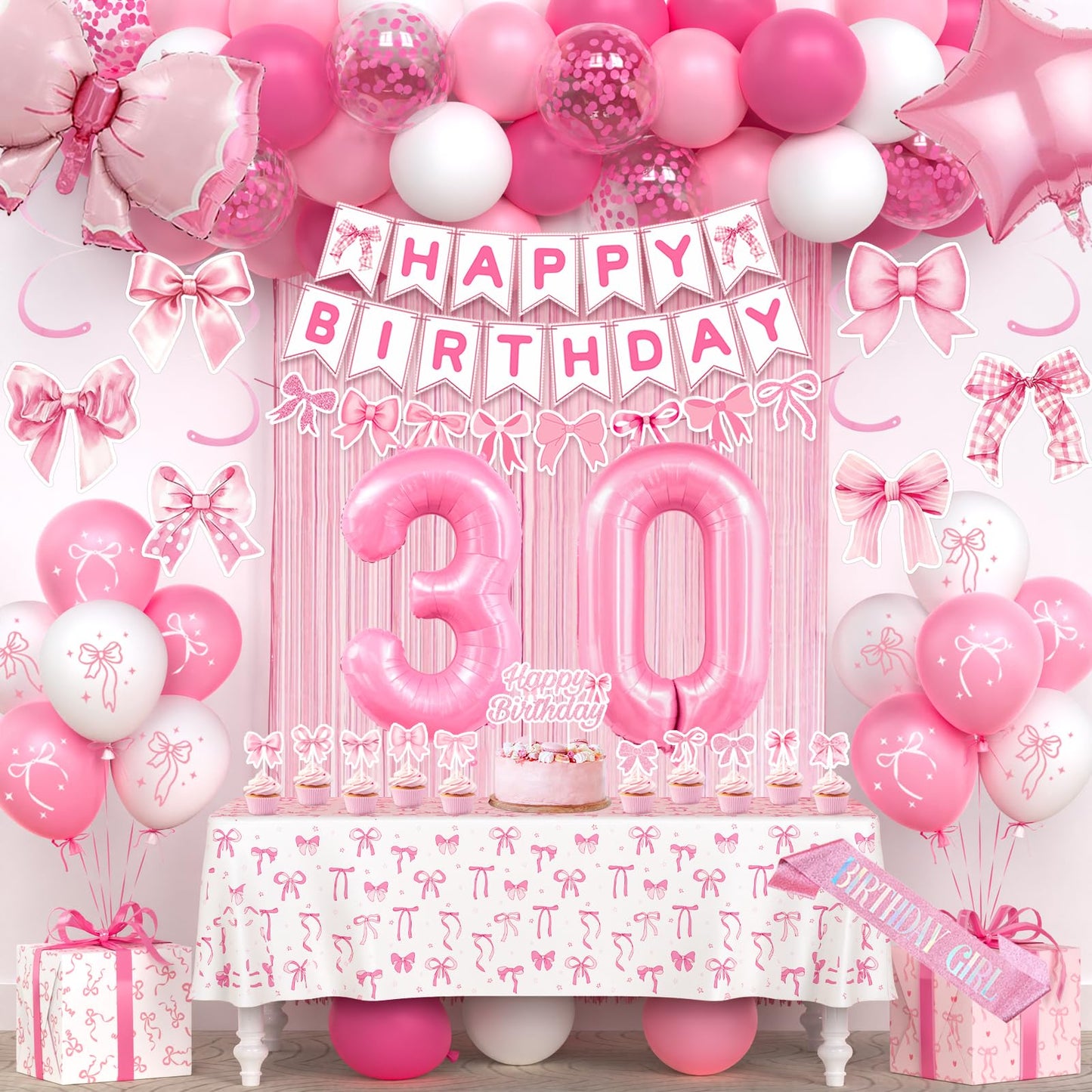 30th Pink Birthday Decorations for Women, Pink Bow Coquette Birthday
