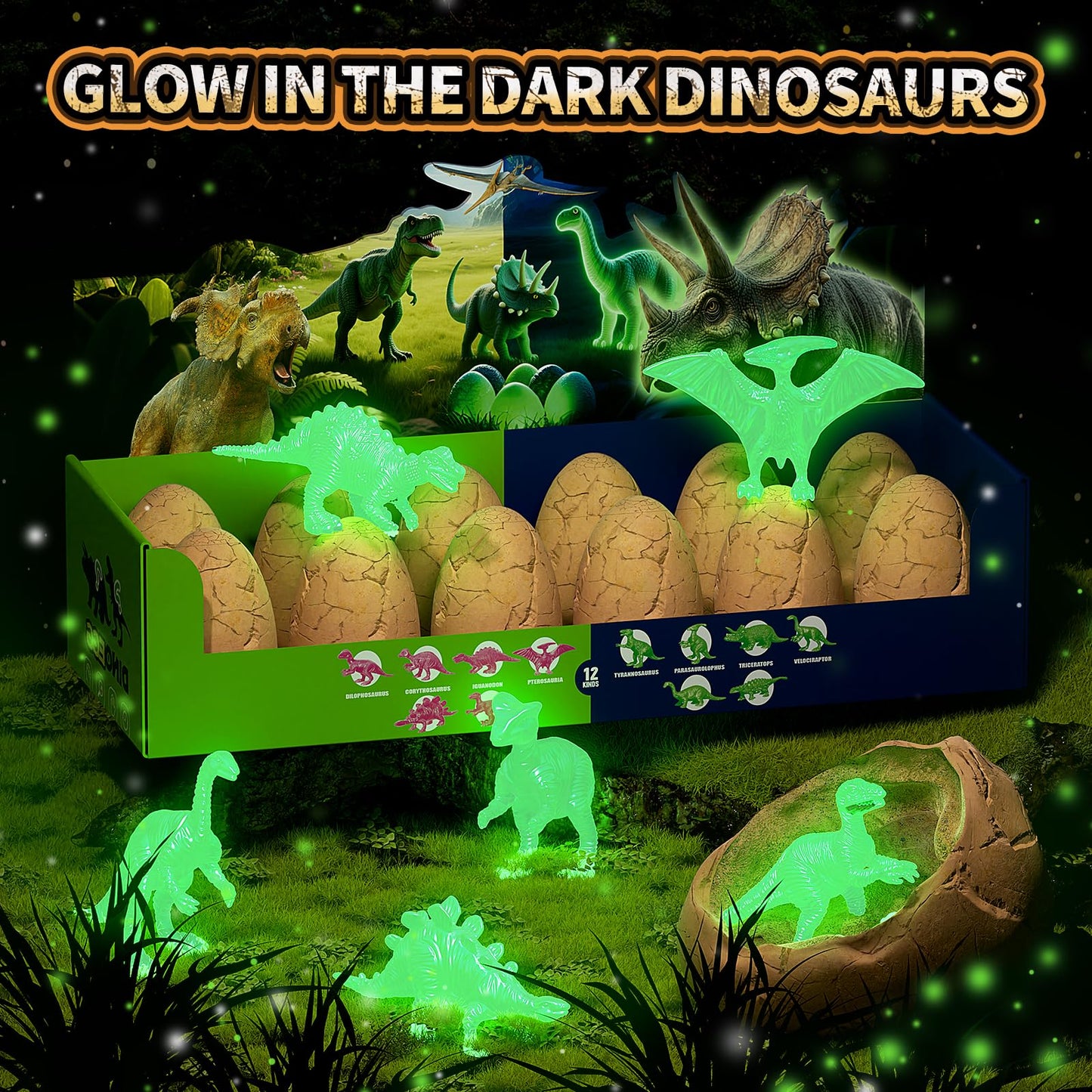 12 Glow in The Dark Dinosaur Eggs, Dig Kit Toys for Kids, Dinosaur