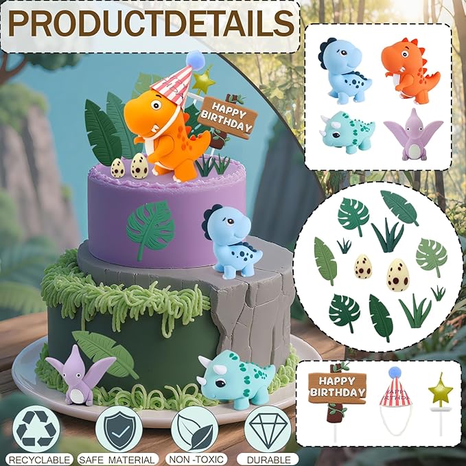 20pcs Dinosaur Cake Topper Set with Dinosaur Eggs Reusable Dinosaur