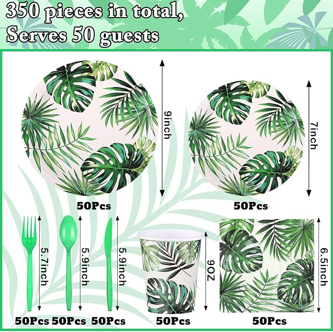 350 Pcs Luau Party Supplies Hawaiian Tropical Palm Leaves Tableware