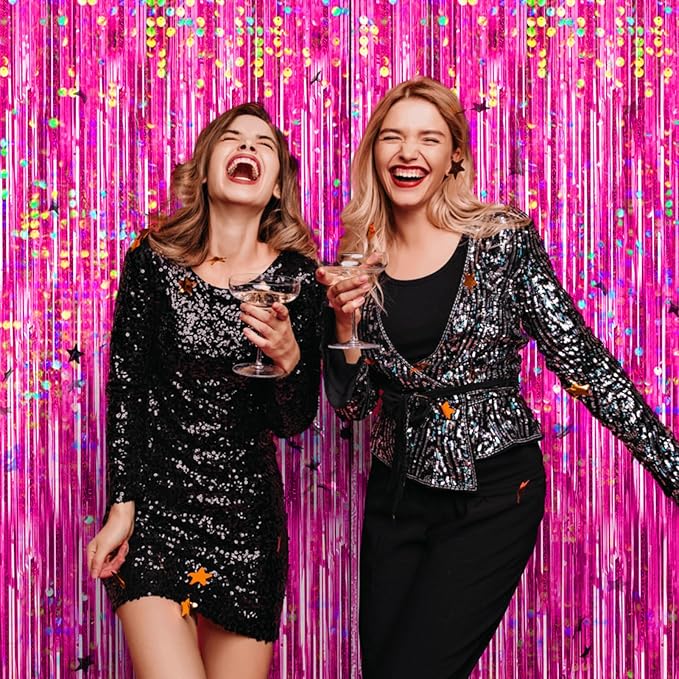 4 Packs Hot Pink Foil Fringe Curtain, Pink Glitter Metallic Tinsel