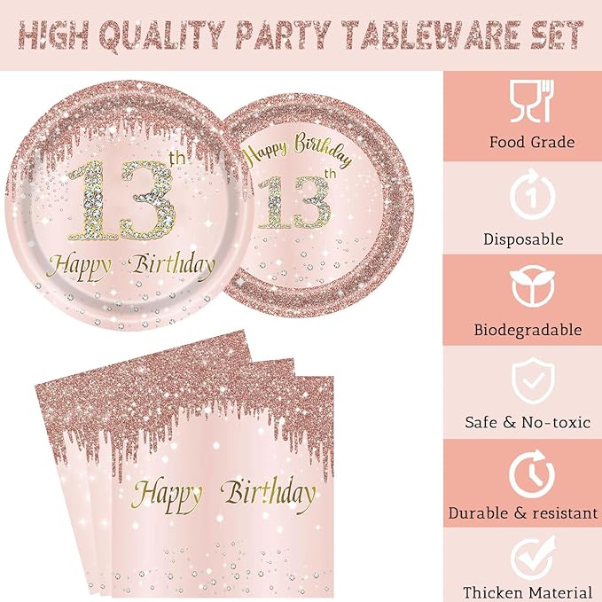 24 Sets 13th Rose Gold Birthday Party Decrations for Girls 13