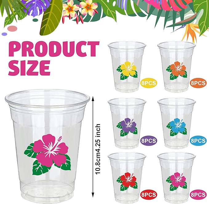 48 Pcs Hawaii Luau Cups 12 oz Plastic Tropical Floral Cups Hawaiian