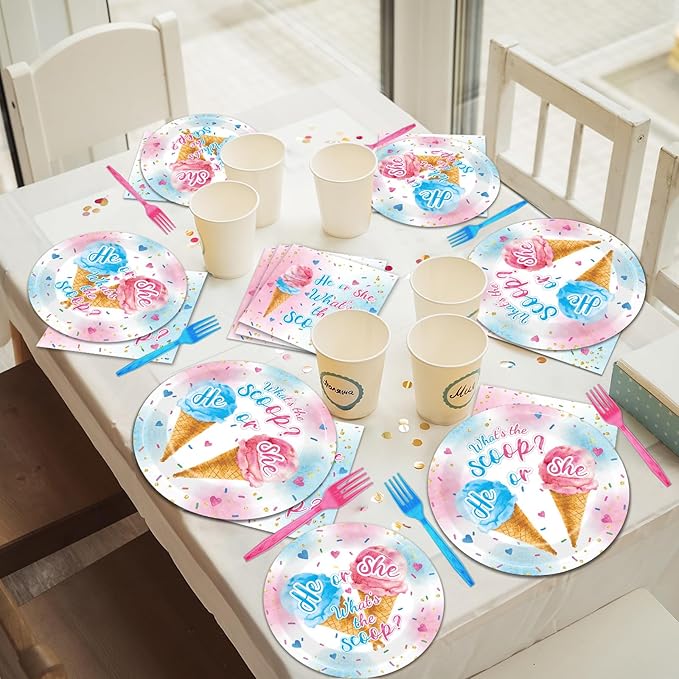 96PCS Ice Cream Gender Reveal Party Paper Tableware What's the Scoop