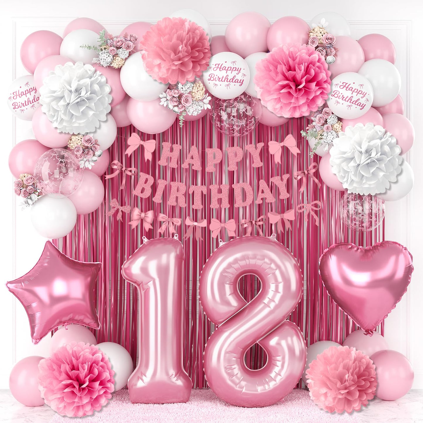 18th Birthday Decorations for Girls Pink Number 18 Balloon Bow