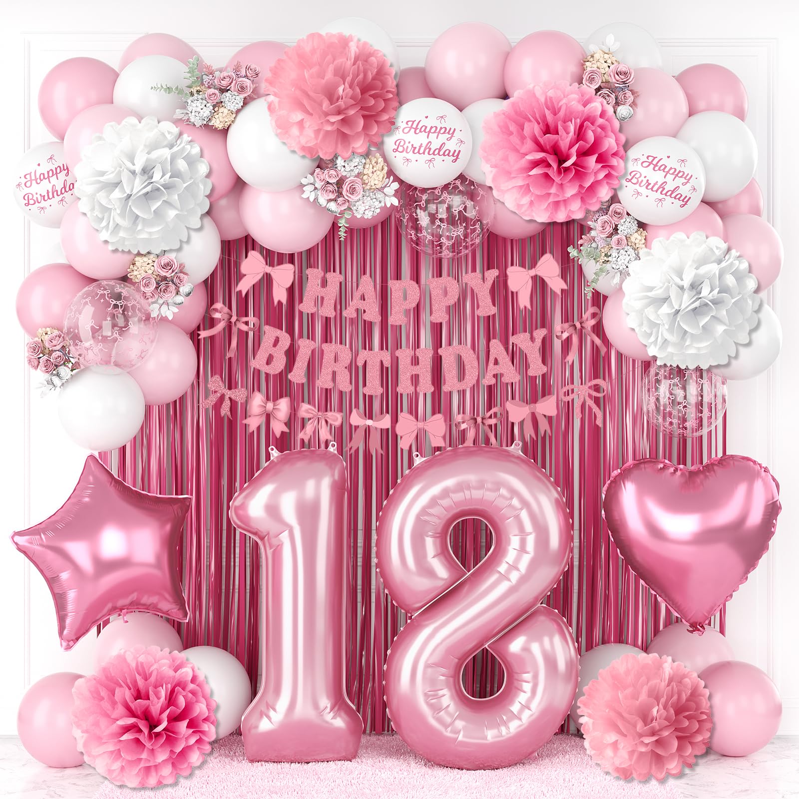 18th Birthday Decorations for Girls Pink Number 18 Balloon Bow