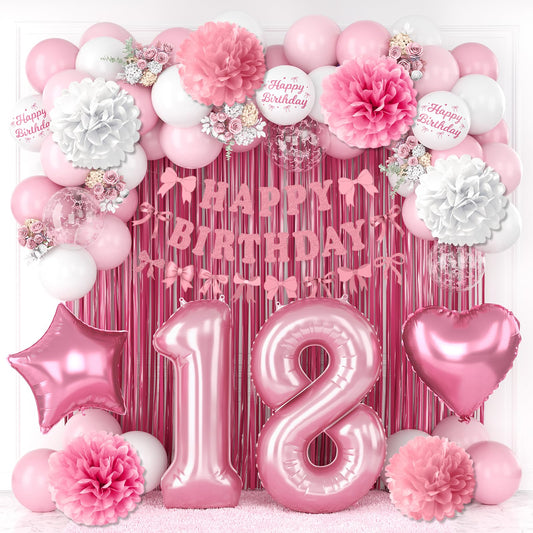 18th Birthday Decorations for Girls Pink Number 18 Balloon Bow
