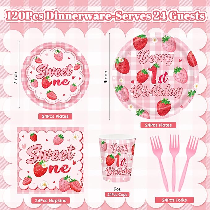 REDWORD Berry First Birthday Decor 120Pcs Strawberry 1st Birthday