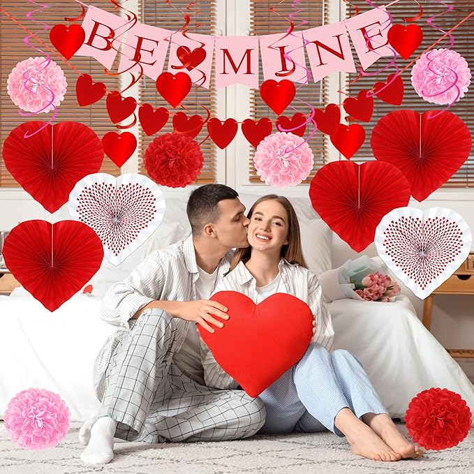 26PCS Valentines Decorations Happy Valentines BE MINE Banner Heart