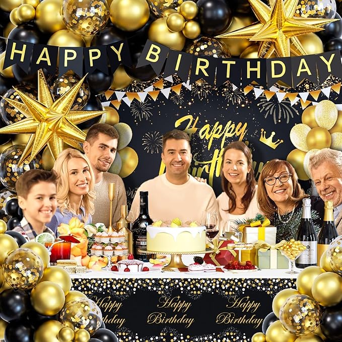 Black and Gold Birthday Decorations for Men Women 71pcs Black and