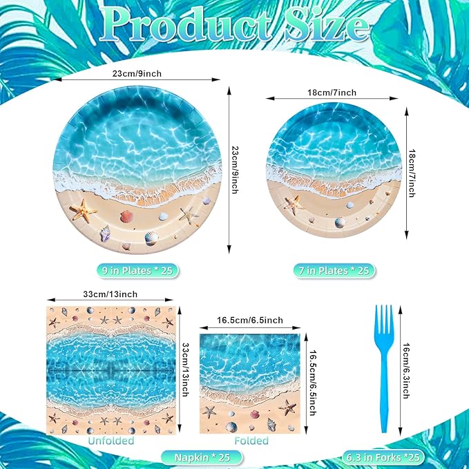 100 Pcs Summer Beach Tableware Party Supplies Disposable Ocean Waves