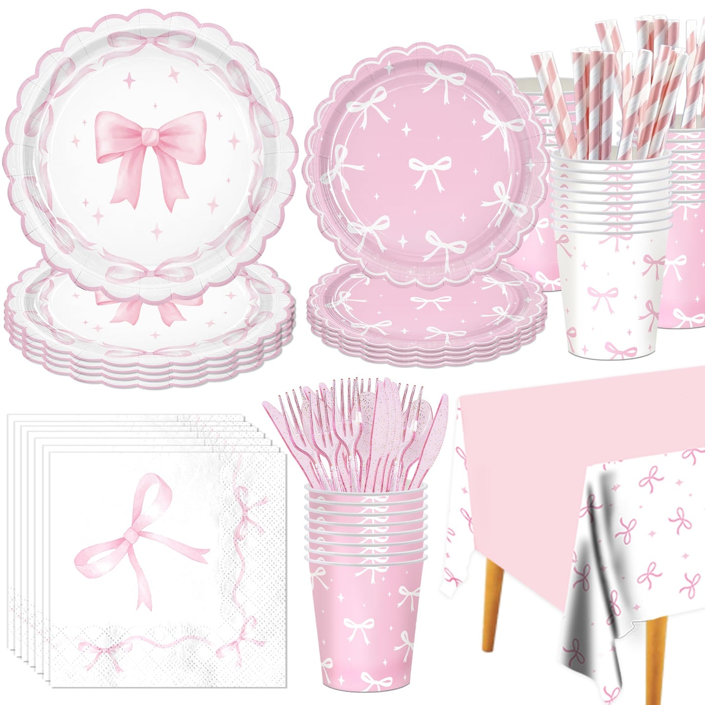 161PCs Pink Bow Party Supplies Pink Coquette Plates Napkins Cups
