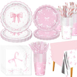161PCs Pink Bow Party Supplies Pink Coquette Plates Napkins Cups