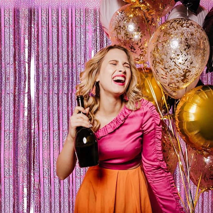 2 Pack 3.2ft x 8.2ft Pink Metallic Tinsel Foil Fringe Curtains