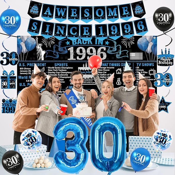 30th Birthday Decorations for Men 20PCS Black Blue Back in 1996