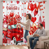 2 Pcs Valentines Day Curtains for Living Room Red Heart Truck Gnome