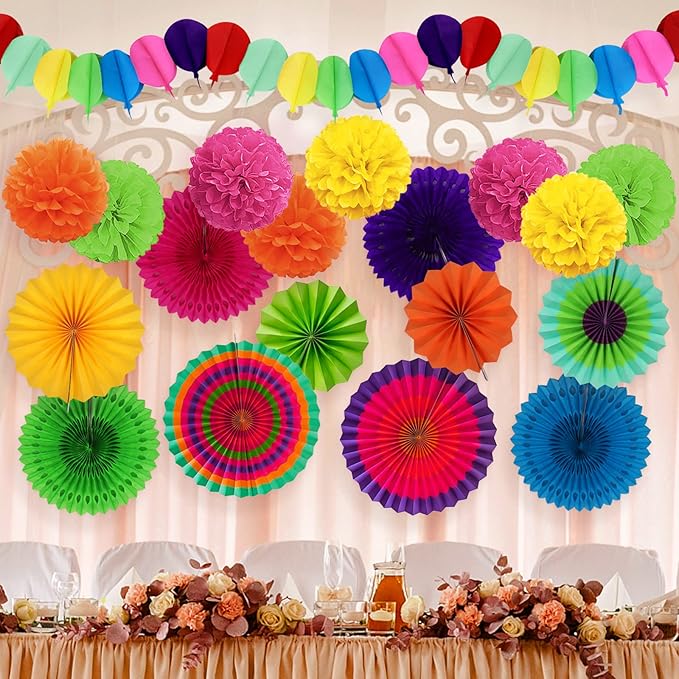 Fiesta Party Decorations, Multicolored Paper Pompoms Fan Garlands for