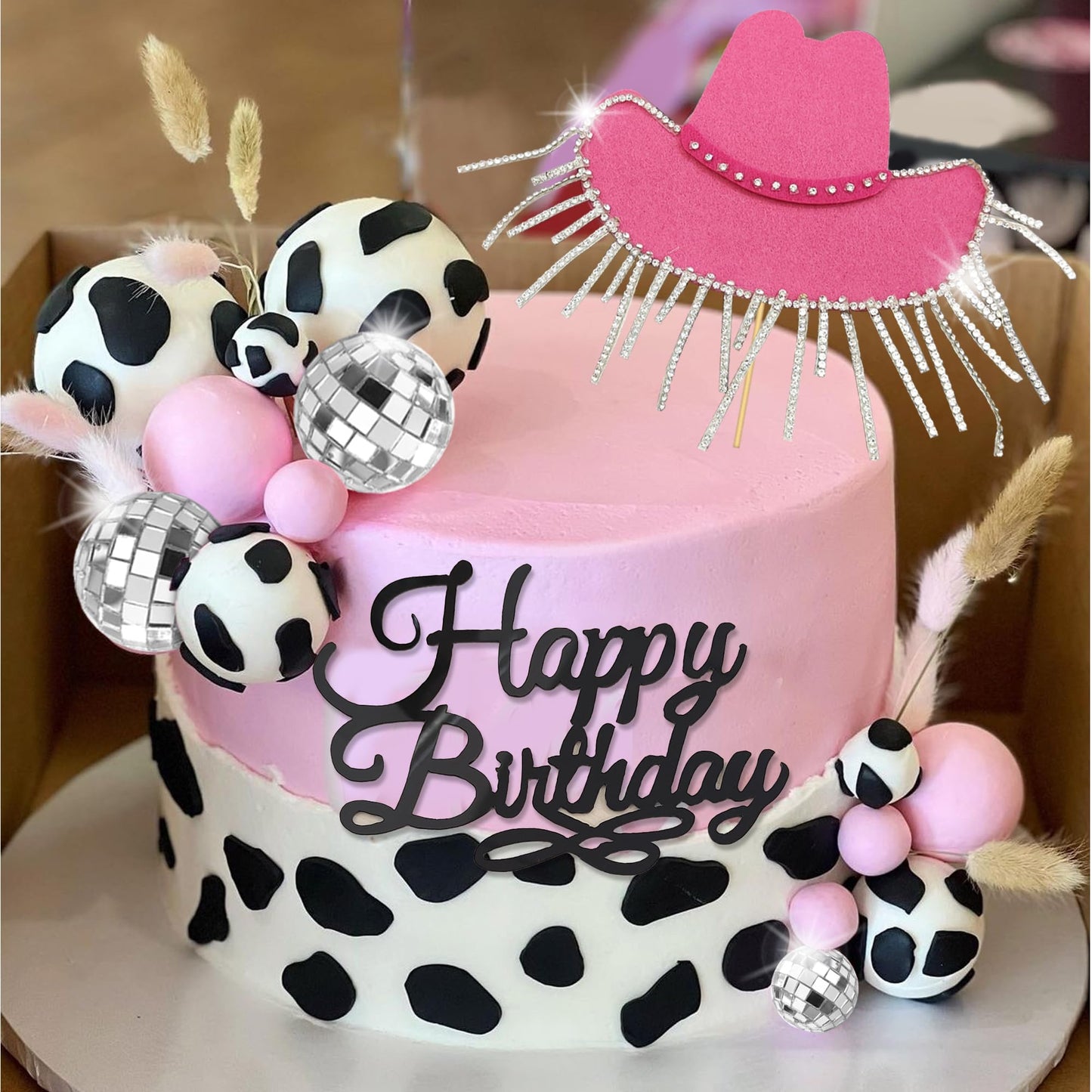 Cowgirl Cake Topper Hot Pink Cake Decoration Shiny Cowgirl Hat Disco