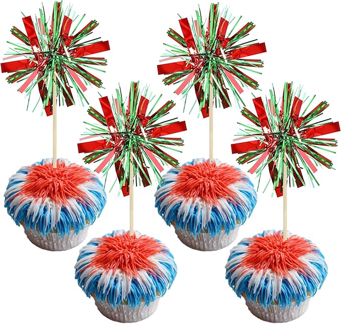 Gyufise 20Pcs Foil Firework Cupcake Toppers Happy Birthday Cake Topper