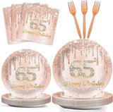 96Pcs 65th Birthday Decorations Pink Rose Gold Paper Plates Napkins
