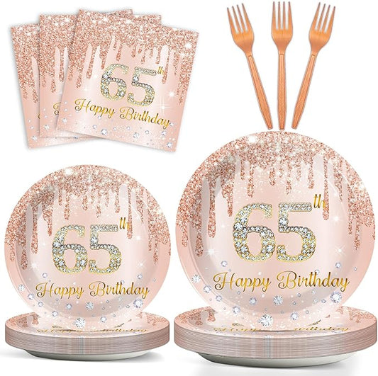 96Pcs 65th Birthday Decorations Pink Rose Gold Paper Plates Napkins