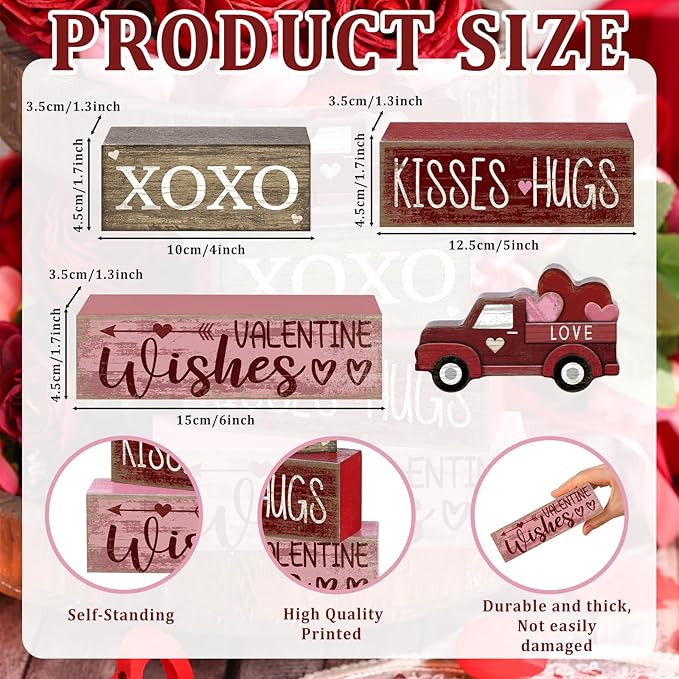 4 Pcs Valentine's Day Table Decoration Wooden Heart Truck Decor